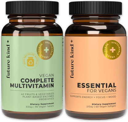 Future Kind Multivitamin Bundle - Vegan Complete Multivitamin and Vegan Essential Multivitamin - Vegan Vitamin B12, Omega 3, and Vitamin D3 - Complete Multivitamin, 42 Vitamins in 1 for Men and Women