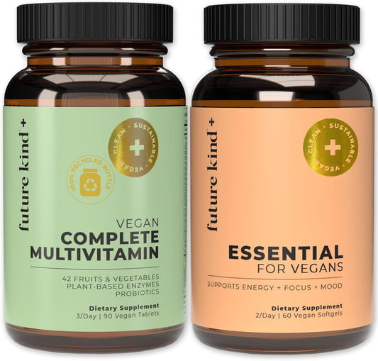 Future Kind Multivitamin Bundle - Vegan Complete Multivitamin and Vegan Essential Multivitamin - Vegan Vitamin B12, Omega 3, and Vitamin D3 - Complete Multivitamin, 42 Vitamins in 1 for Men and Women