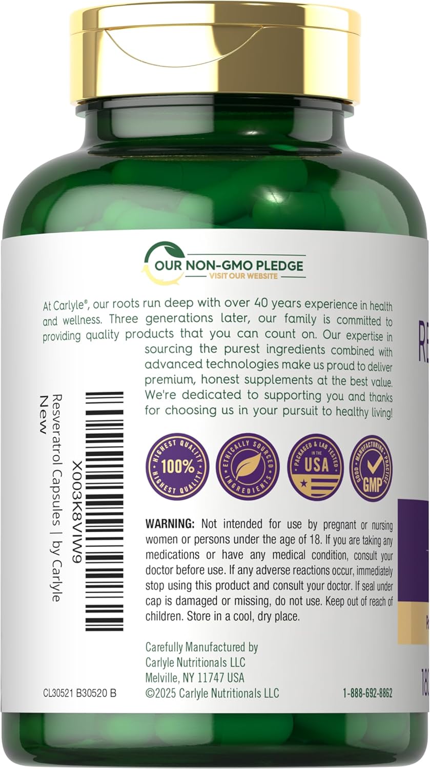 Carlyle Resveratrol Complex - 180 Capsules | Trans Resveratrol Supplement with Grape Seed Extract - Non GMO, Gluten Free