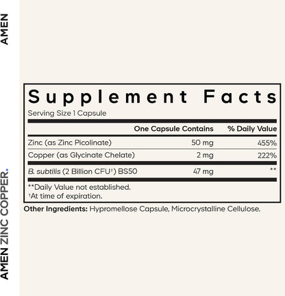 Amen Zinc & Copper Supplement + Probiotics, 3 Months Supply, One Per Day - 50 mg Zinc Picolinate Vitamin Pills - Essential Minerals Supplements – 2 Billion CFUs Probiotic – Vegan, Non-GMO, 90 Capsules