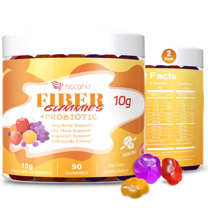 Migcopat 10G Fiber Gummies with Probiotics, Fiber Supplement with 30 Billion CFU Probiotics Blend, ACV, Vitamin C, Inulin - Support Digestive Health - No Sugar Added - Fruit Flavored - 90 Count
