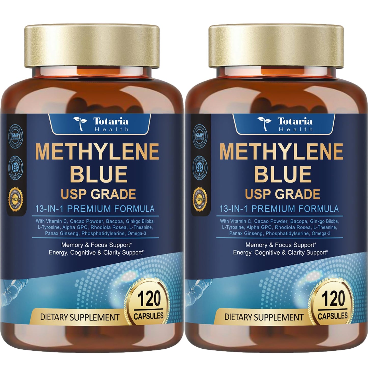 USP Methylene Blue Pharmaceutical Grade, Vitamin C Ester, Bacopa, Phosphatidylserine, Omega-3 Fatty Acids - 13 in 1 Upgrade Patented Brain Formula - Memory, Focus, Clarity, Cognitive, 120 Count