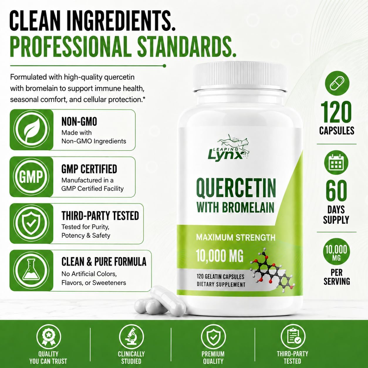 Leaping Lynx Quercetin with Bromelain – 800mg Quercetin + 165mg Bromelain | 120 Capsules (60-Day Supply) | Immune, Respiratory, and Seasonal Allergy Support | Antioxidant & Recovery Complex | Non-GMO