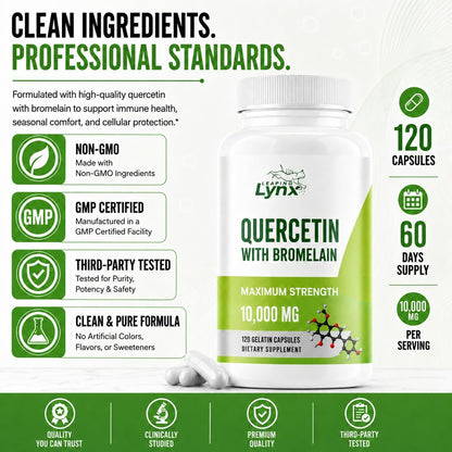 Leaping Lynx Quercetin with Bromelain – 800mg Quercetin + 165mg Bromelain | 120 Capsules (60-Day Supply) | Immune, Respiratory, and Seasonal Allergy Support | Antioxidant & Recovery Complex | Non-GMO