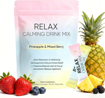 Relax Calming Drink, Natural Calm Powder Drink with L-Theanine, Ashwagandha and Kava, Sugar Free Calm Supplement for Relax & Natural Relieve Stress, Non GMO, Pineapple & Mixed Berry, 30 Packets (1)