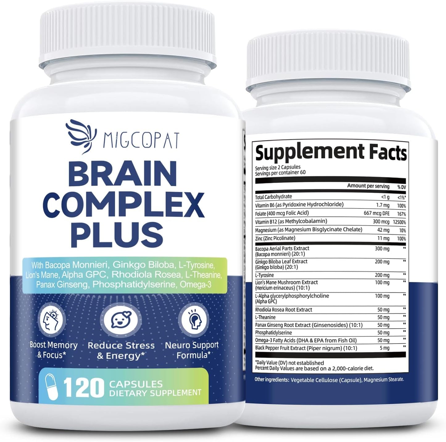 Brain Supplements for Memory and Focus | Nootropic with Bacopa Monnieri, Lion's Mane, Alpha GPC, Ginkgo Biloba | Mental Clarity & Cognitive Support | Vitamin B6 & B12 Neuro Health - Non-GMO, 120 Caps