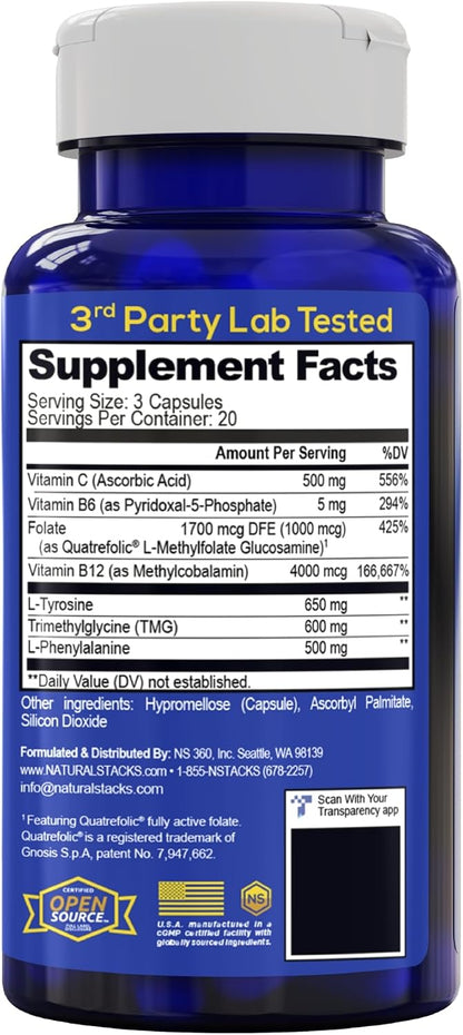Dopamine Brain Food, Focus & Mental Drive Support with L-Tyrosine, 60 Count | 650mg Tyrosine Supplement with Vitamin B & C - Neurotransmitter Support for Mental Drive & Motivation - Natural Stacks
