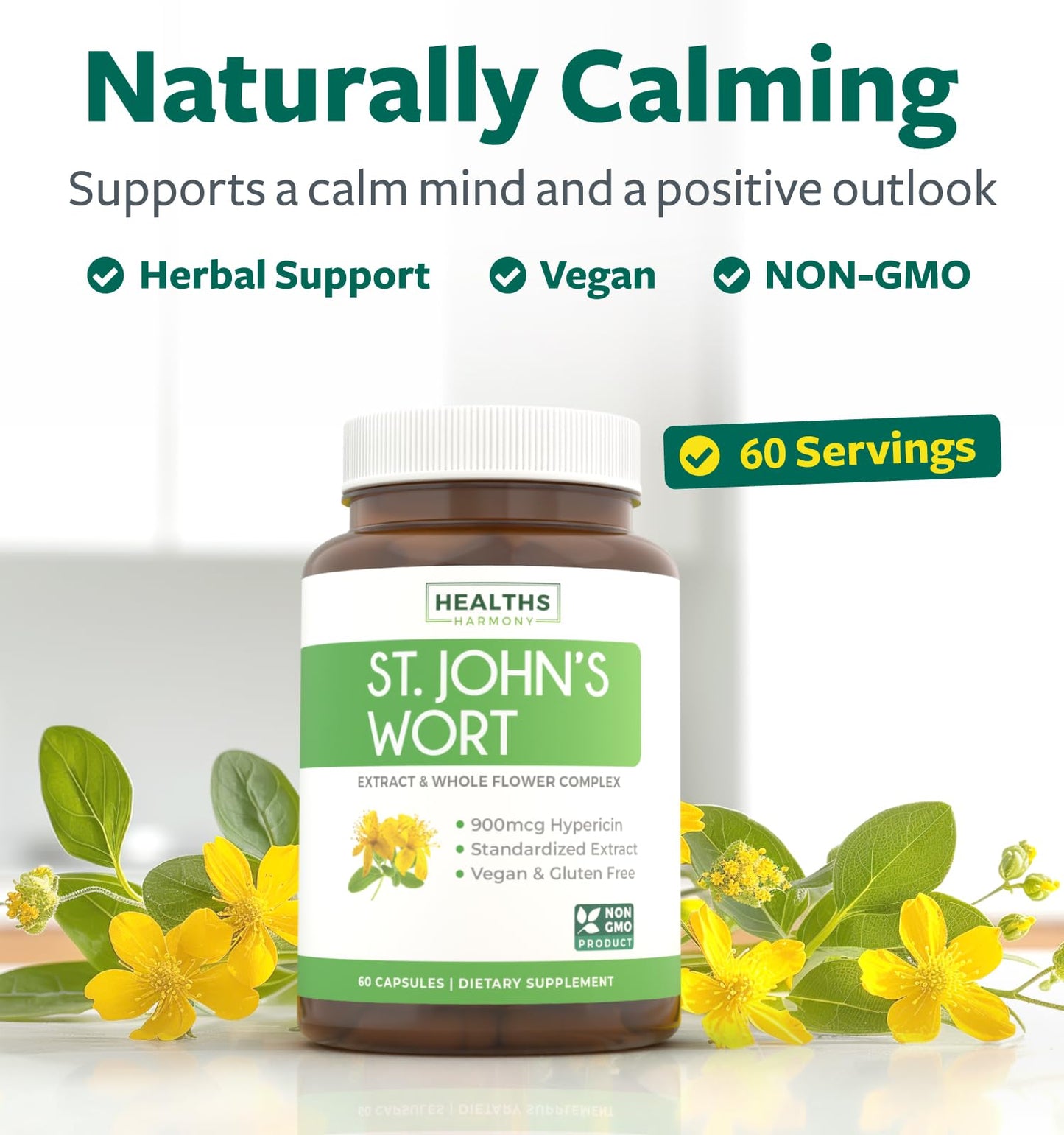 St John's Wort Capsules - Powerful & Potent Saint John's Wort Extract & Whole Herb Complex Standardized to 900mcg Hypericin for Balancing Daily Mood Support - Vegan Non-GMO & Lab Verified (120 Caps)