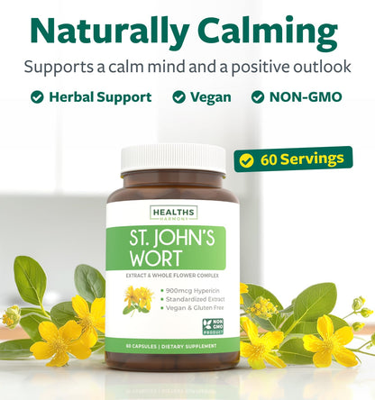 St John's Wort Capsules - Powerful & Potent Saint John's Wort Extract & Whole Herb Complex Standardized to 900mcg Hypericin for Balancing Daily Mood Support - Vegan Non-GMO & Lab Verified (120 Caps)