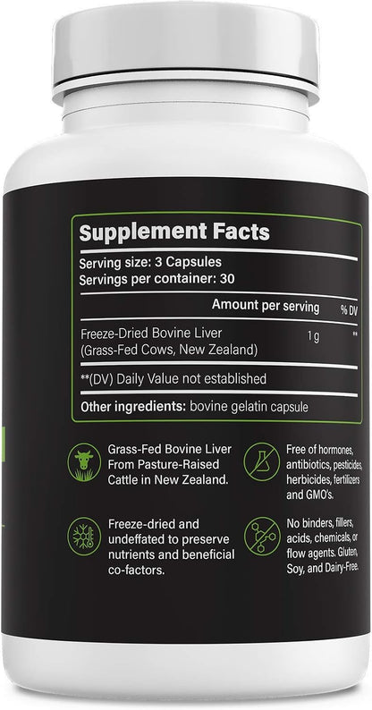 Beef Liver Supplement, Grass Fed Pasture-Raised Beef Organ Pills with Heme Iron, Vitamin A, B12 & Choline, Easy-Swallow Freeze-Dried Capsules, 90 Count