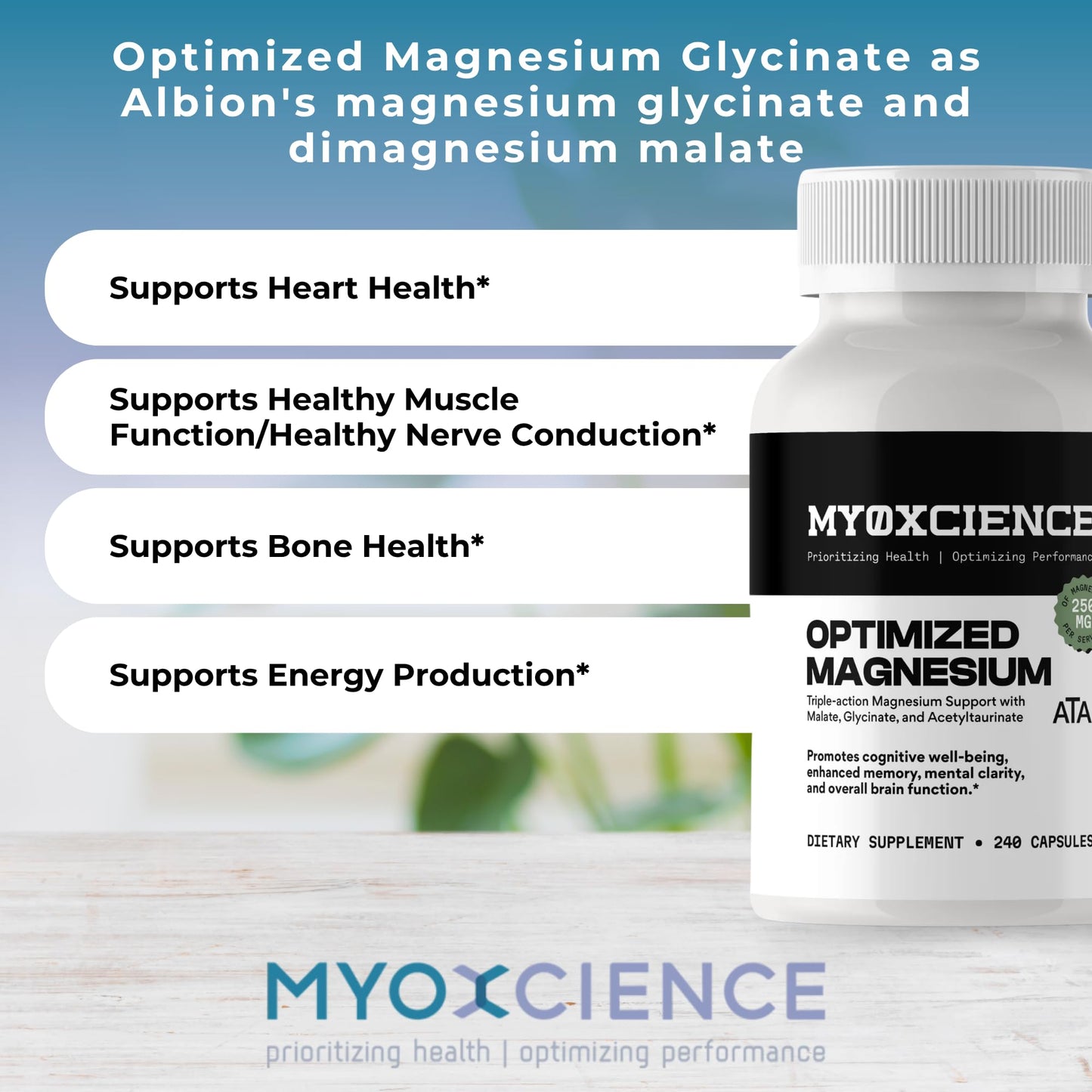 MYOXCIENCE Optimized Magnesium Glycinate + Magnesium Taurate (as ATAmag®) for High Brain Bioavailability to Support Stress Relief and Sleep | 30 Servings