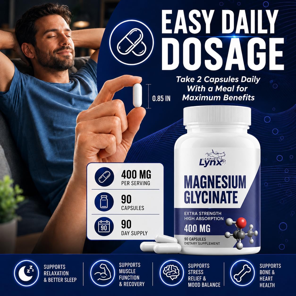Magnesium Glycinate 400mg per Serving (60mg Elemental Magnesium) – 90 Capsules, High Absorption Chelated Magnesium Supplement for Sleep, Calm, Muscle Recovery & Nervous System Support