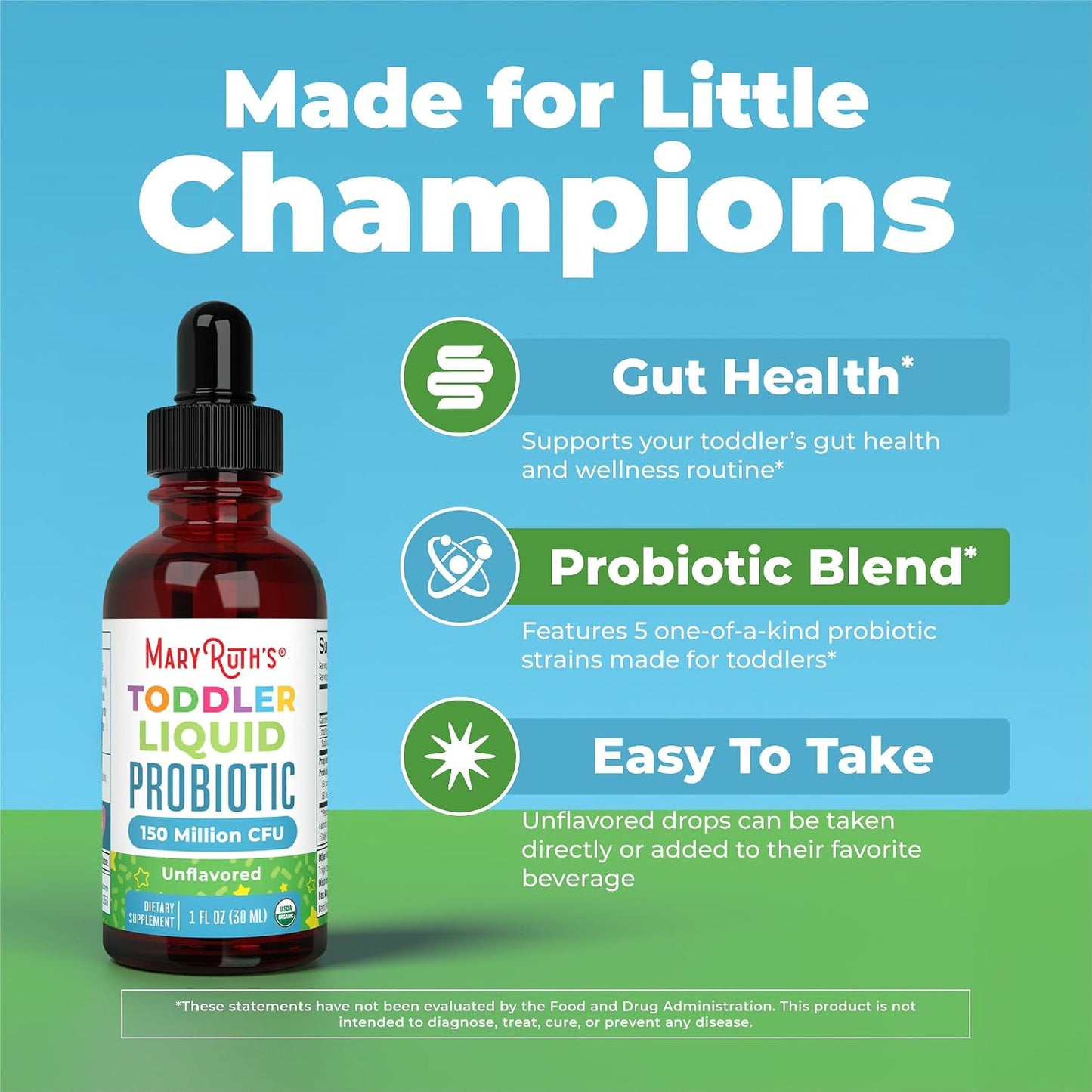 MaryRuth's Organic Toddler Probiotic Liquid Drops | Kids Probiotics for Ages 1-3 | 5 Probiotic Strains | 150 Million CFU Per Serving | USDA Organic | Sugar Free | Vegan | Gluten Free | 1 Fl O