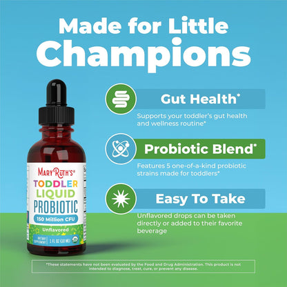 MaryRuth's Organic Toddler Probiotic Liquid Drops | Kids Probiotics for Ages 1-3 | 5 Probiotic Strains | 150 Million CFU Per Serving | USDA Organic | Sugar Free | Vegan | Gluten Free | 1 Fl O