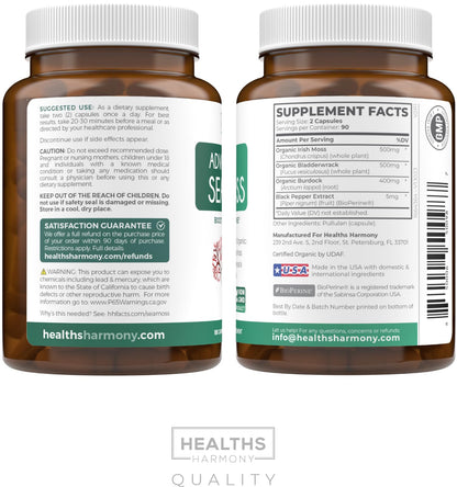 Organic Irish Sea Moss Capsules - Organic Sea Moss Capsules with Bladderwrack Burdock Root and Black Pepper Extract for Enhanced Absorption - Vegan Non-GMO & Made in the USA (1 Month Supply)
