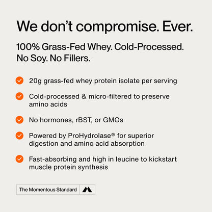 Momentous Essential Grass-Fed Whey Protein Powder - 20 g Whey Isolate Protein - NSF Certified for Sport - Gluten-Free - 25 Servings for Essential Everyday Use - Vanilla - Package May Vary