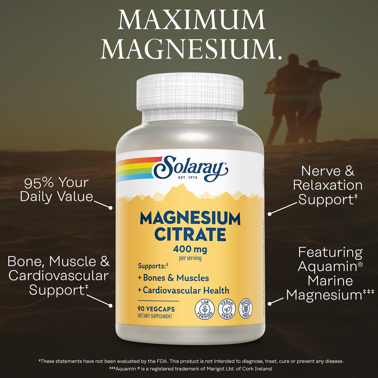 SOLARAY Magnesium Citrate 400mg - Magnesium Supplement - Bone Health, Muscle, Relaxation and Heart Health Support - Vegan, Gluten Free - 60 Servings, 180 VegCaps