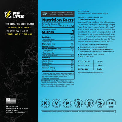 Keto Chow SALTT Electrolytes Powder Packets (Blue Slushies with 100mg Caffeine) 30 Stick Packs - Easy Dissolve, No Clumping - Essential Minerals - Hydration - Zero Sugar - Gluten Free, Vegan & Kosher