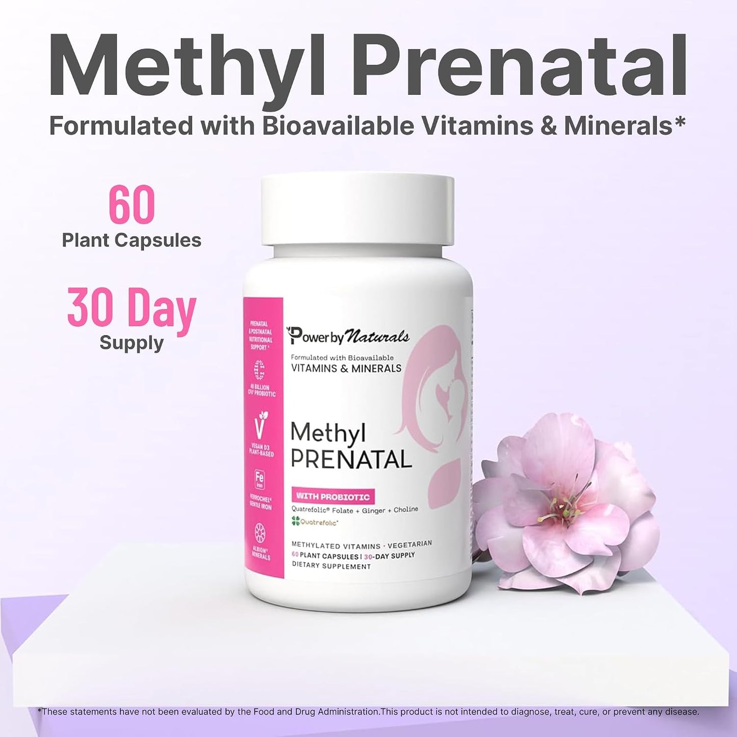 Power By Naturals Methyl Prenatal with Probiotics – Prenatal Vitamins for Women with Iron, Methyl Folate, B12 & 28 Nutrients & Botanicals – Vegan, Non-GMO, Gluten-Free – 60 Capsules (1-Month Supply)