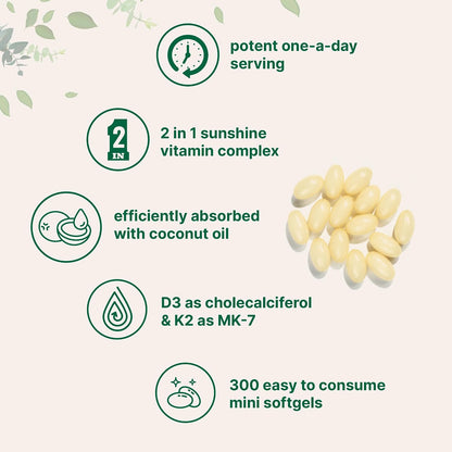 Micro Ingredients Vitamin D3 5,000 IU + K2 MK-7 100 mcg, 300 Softgels | Virgin Coconut Oil | 2-in-1 Support | Easy to Swallow, Non-GMO