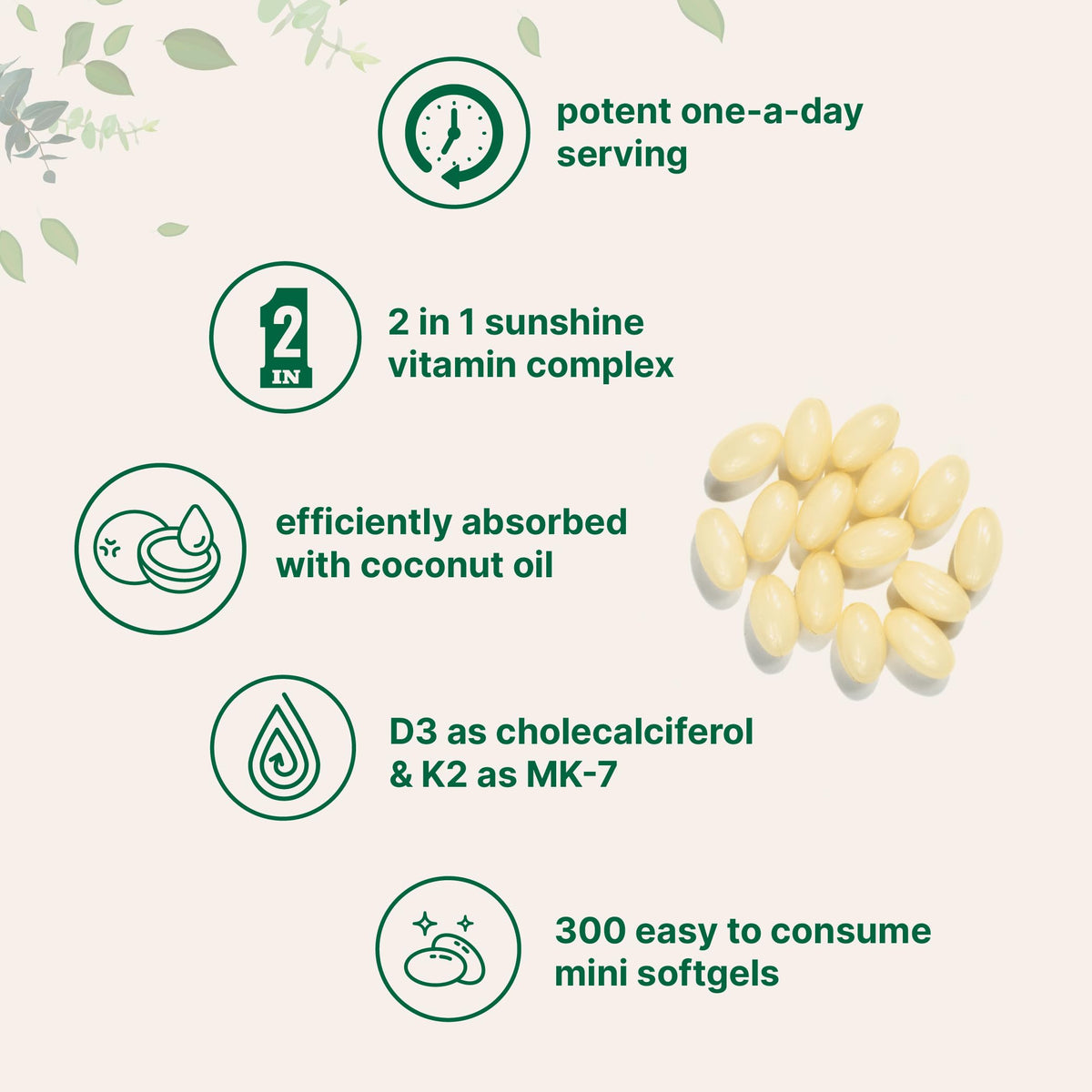 Vitamin D3 5000 IU Plus K2 (MK-7) 100 mcg, 300 Virgin Coconut Oil Softgels