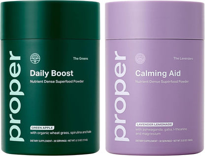 Proper Wellness Bundle – Daily Greens & Relaxation Drink Mix | Organic Superfood Powder with Probiotics & Calming Aid with Magnesium & Adaptogens | Supports Digestion, Sleep & Stress Relief