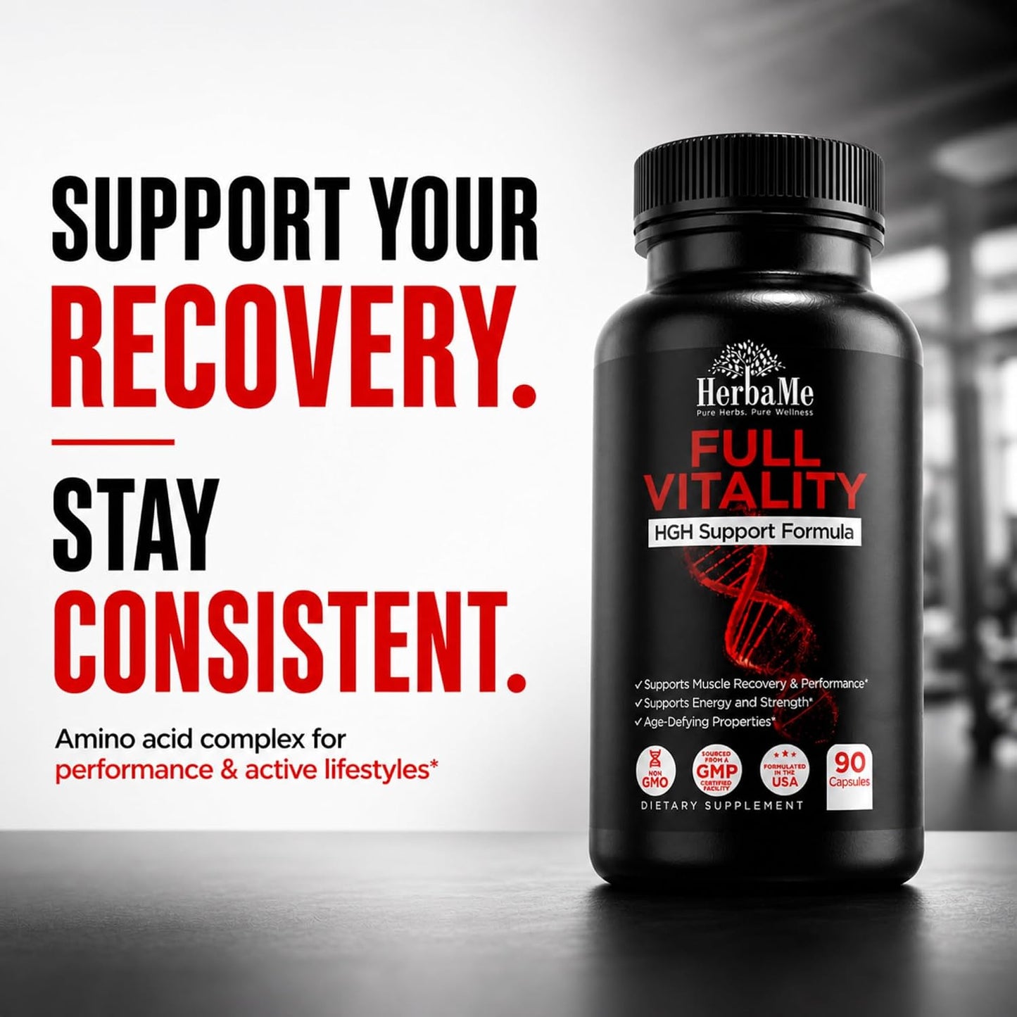 HerbaMe HGH Support Supplement for Men & Women, 90 Capsules – Naturally Supports Human Growth Hormone, Amino Acid Complex with Arginine & Colostrum – Supports Nighttime Recovery, Energy & Performance