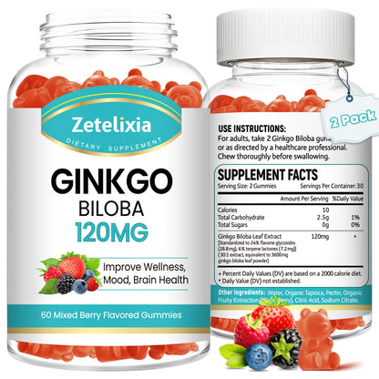 Ginkgo Biloba Gummies for Women and Men, Brain Supplement Improve Better Mood and Focus, Vegan Mixed Berry Flavor 60 Count