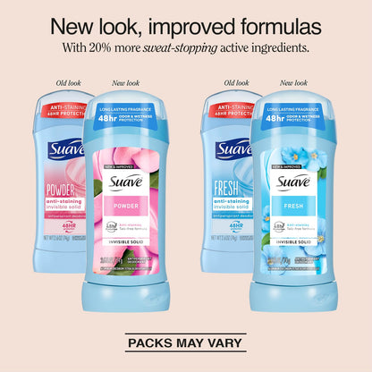 Suave Antiperspirant Deodorant for Women, Fresh & Powder Variety 2-Pack – Anti-Staining Invisible Solid Sticks, Talc-Free, 2.6 Oz Ea
