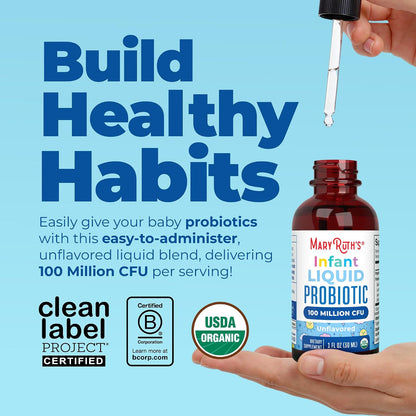 MaryRuth's Organic Infant Liquid Probiotic for Ages 6-12 Months | 100 Million CFU | 5 Probiotic Strains | Probiotics for Infants | Proprietary Probiotic Blend | USDA Organic | Vegan | Unflavored |1 oz
