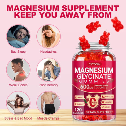 Magnesium Glycinate Gummies 600mg, Sugar Free Magnesium Gummies for Adults