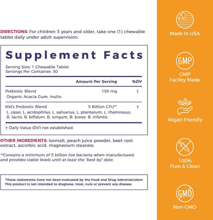 NewRhythm Kids Probiotic Chewables, 5 Billion CFU 10 Strains, with Prebiotic Fiber Inulin & Organic Acacia for Age 3+, Natural Peach Flavored, for Digestive & Immune Support, 30 Chewable Tablets
