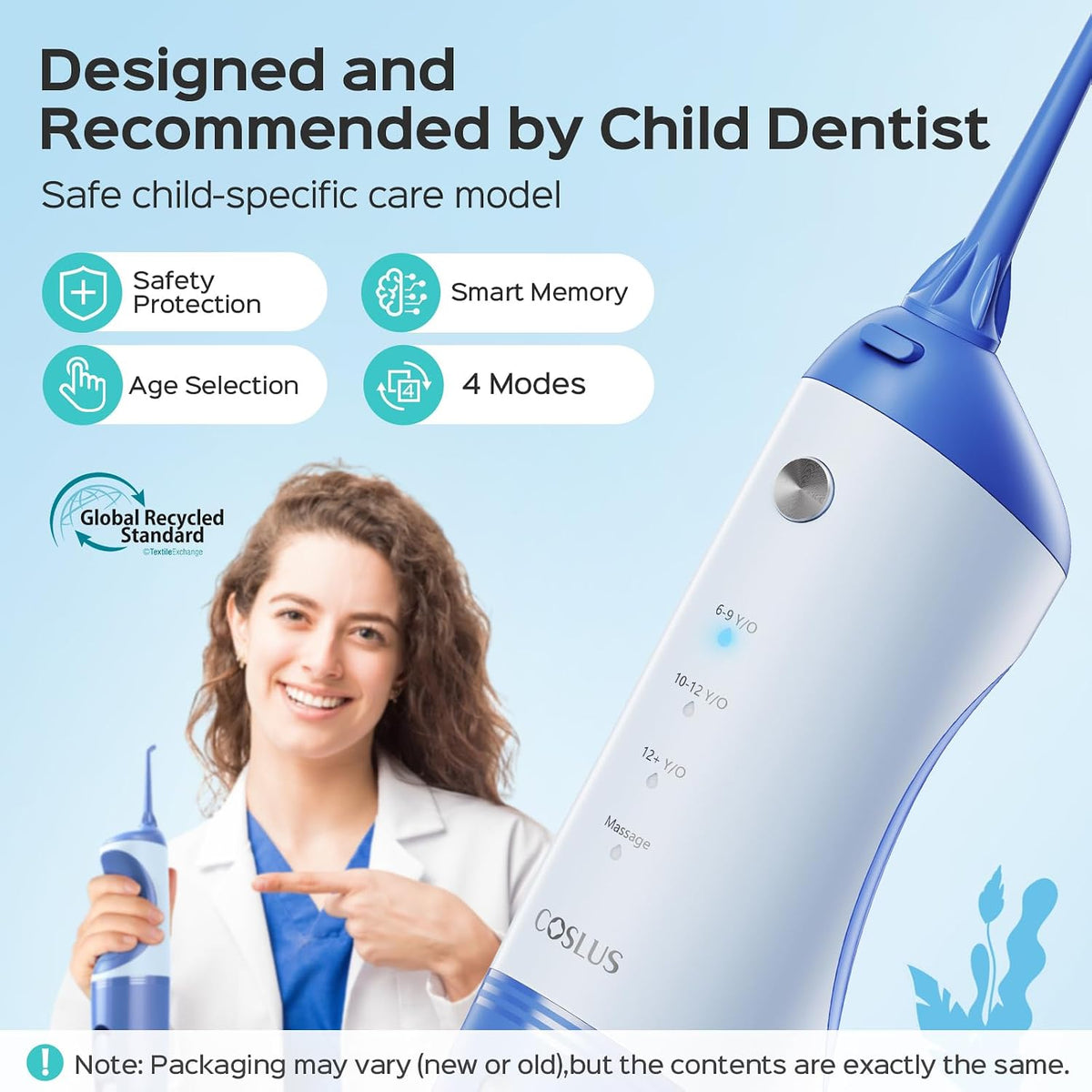 COSLUS C31 Kids Water Dental Flosser, Safe & Gentle for Ages 6+, Blue White