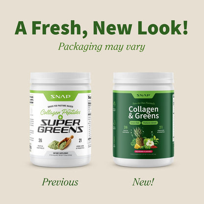 Snap Supplements Super Greens Powder with Collagen Peptides, 11.34 oz | 26 Fruits and Vegetables, Grass Fed, Non-GMO Daily Greens for Hair, Skin, Nails & Joint Support, 30 Servings, 1 Month Supply
