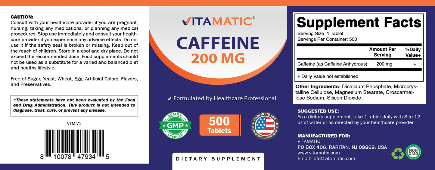 Vitamatic Caffeine Pills 200mg per Serving, 250 Vegetarian Tablets | Support Energy Support & Endurance Performance*, Non GMO, Gluten Free, Made in USA