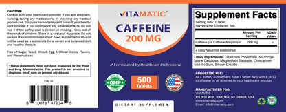 Vitamatic Caffeine Pills 200mg per Serving, 250 Vegetarian Tablets | Support Energy Support & Endurance Performance*, Non GMO, Gluten Free, Made in USA