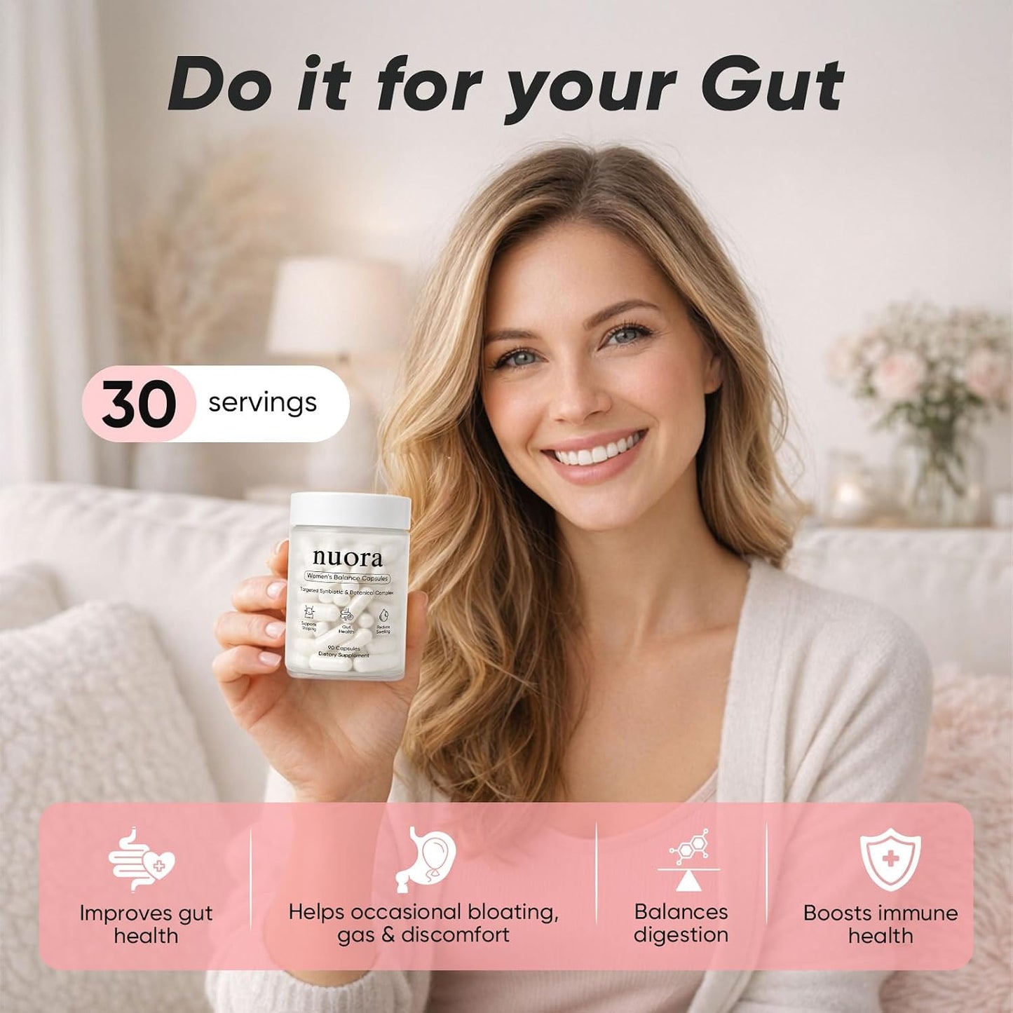 Nuora Gut Health Capsules with Berberine, Gut Biofilm Probiotic Ritual, Promotes Metabolism & Gut Health, Vegan, Non-GMO, for Women, 90 Capsule