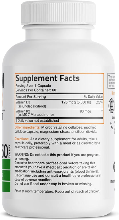 Bronson Vitamin K2 D3 (MK7) Supplement 2-in1 D3 & K2 Complex, 60 Capsules | Bone, Immune & Heart Health Support, Gluten Free, Soy Free, Non-GMO, Vitamin D3 5000IU (125 mcg) & 90 mcg K2 MK-7