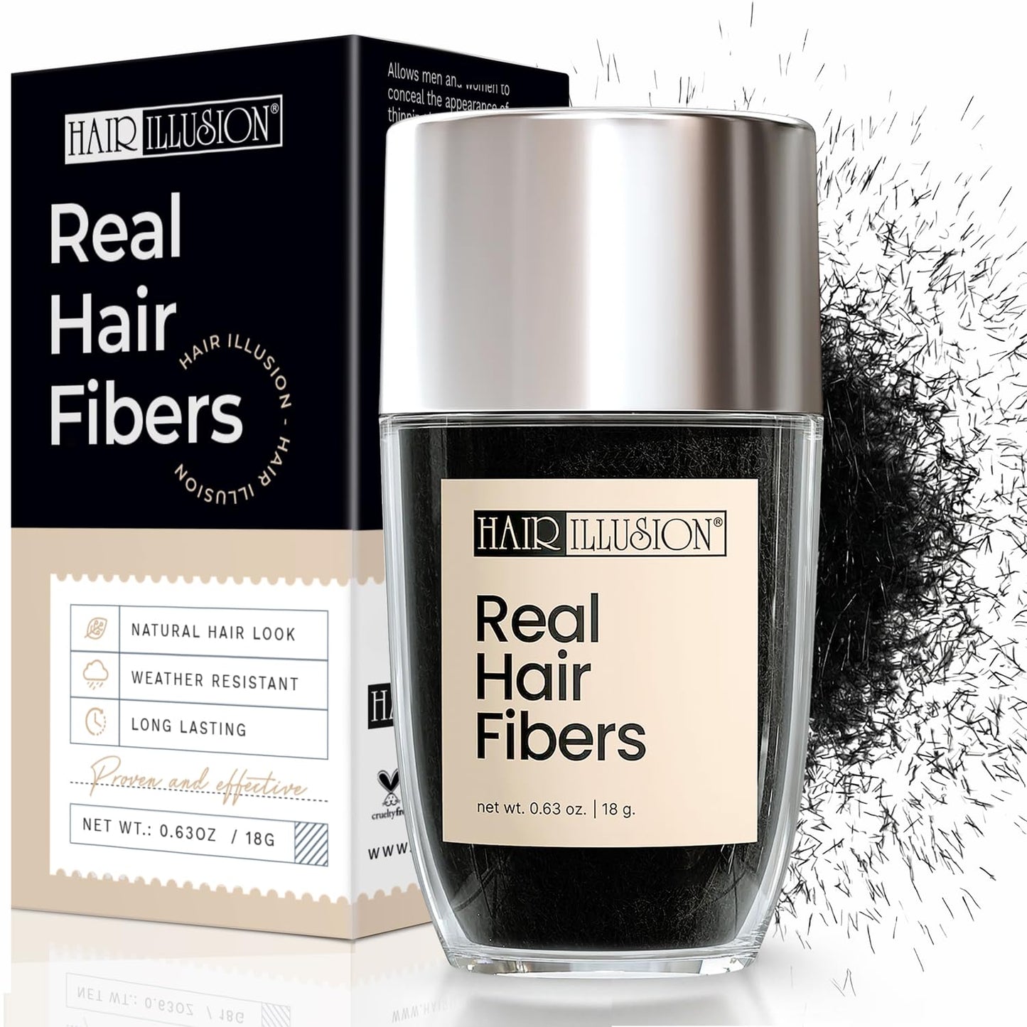 Hair Illusion 100% Natural Human Hair Fibers Not Synthetic for Men and Women, Premium Hair Building Formulation, Large, 38 g Bottle, Jet Black
