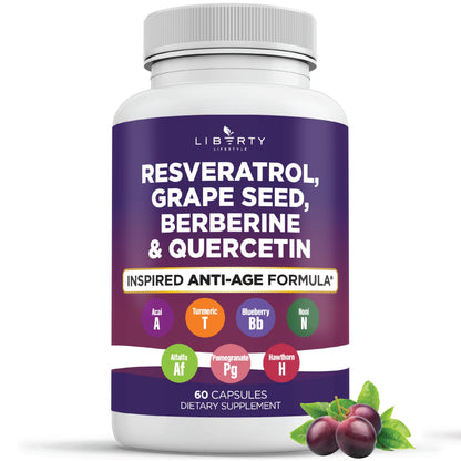 Liberty Lifestyle Resveratrol, Berberine, Grape Seed Extract, Quercetin, Polyphenol Supplement for Women and Men with Noni Extract, N-Acetyl Cysteine, Acai Extract - 2-Pack