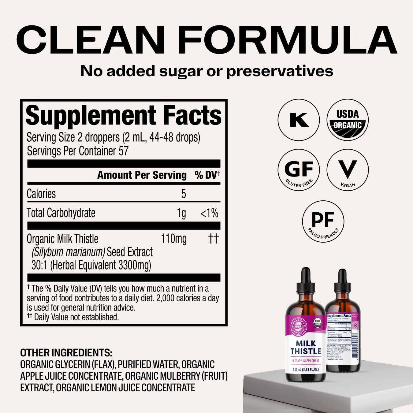 Vimergy Milk Thistle – Supports Liver Function* 57 2mL (2 Droppers or 44-48 Drops) Servings (110mg Extract Per Serving) for Healthy Digestion* – USDA Organic, Vegan, Gluten-Free – 115 mL