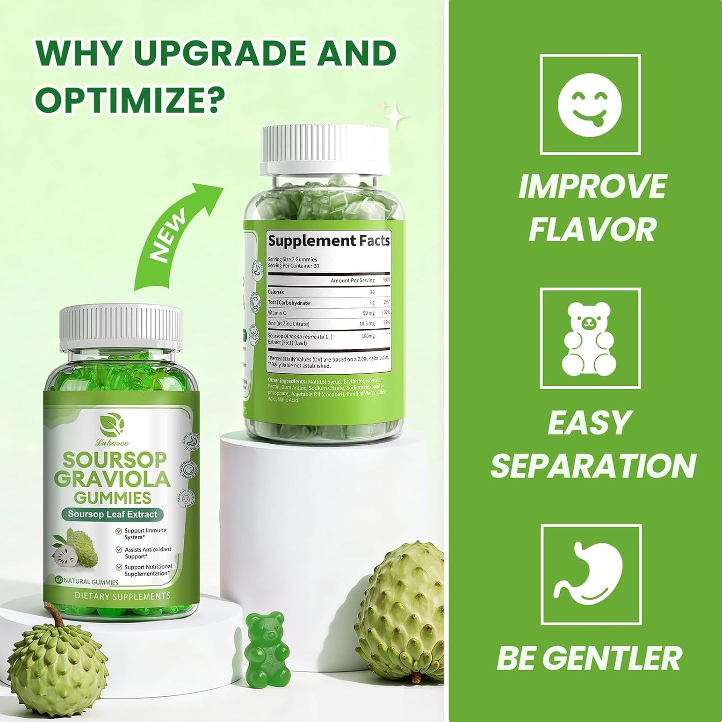 (2 Pack) Soursop Gummies - Soursop Leaves Concentrated Extract for Immune | Herbal Extracts w/Vitamin C, Zinc & Natural Food for Liver, Calming & Antioxidant, Sugar Free, Gluten Free, Vegan, 60 Gummies