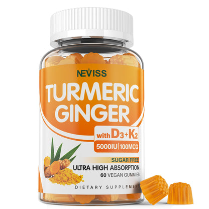 Turmeric and Ginger Gummies Supplement 1500mg w/Vitamin D3 5000 IU, K2 (MK7) & Black Pepper, Sugar Free Vegan Ginger and Turmeric Curcumin Supplements Gummy for Bone, Immune & Digestive Health, 120ct