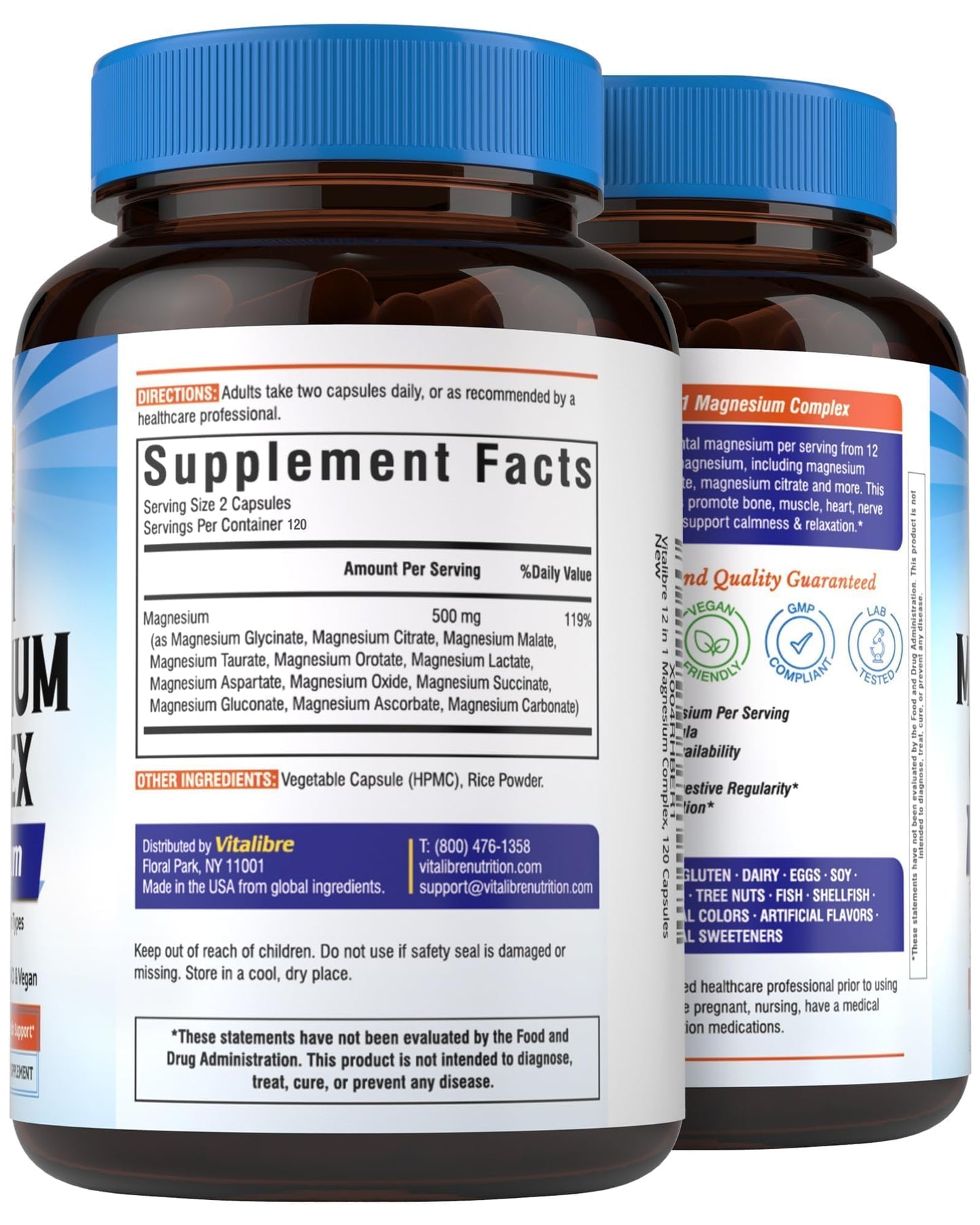 Vitalibre 12 in 1 Magnesium Complex 500mg for Women Men, 120 Vegan Capsules | Max Absorption Chelated Magnesium Glycinate Citrate Malate & More for Bone, Nerve & Digestive Support | Non-GMO