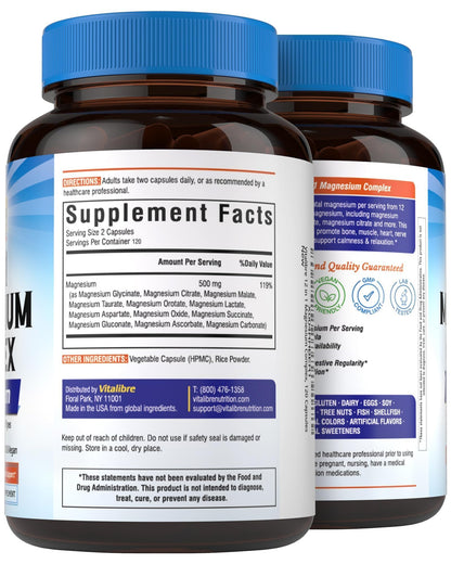 Vitalibre 12 in 1 Magnesium Complex 500mg for Women Men, 120 Vegan Capsules | Max Absorption Chelated Magnesium Glycinate Citrate Malate & More for Bone, Nerve & Digestive Support | Non-GMO