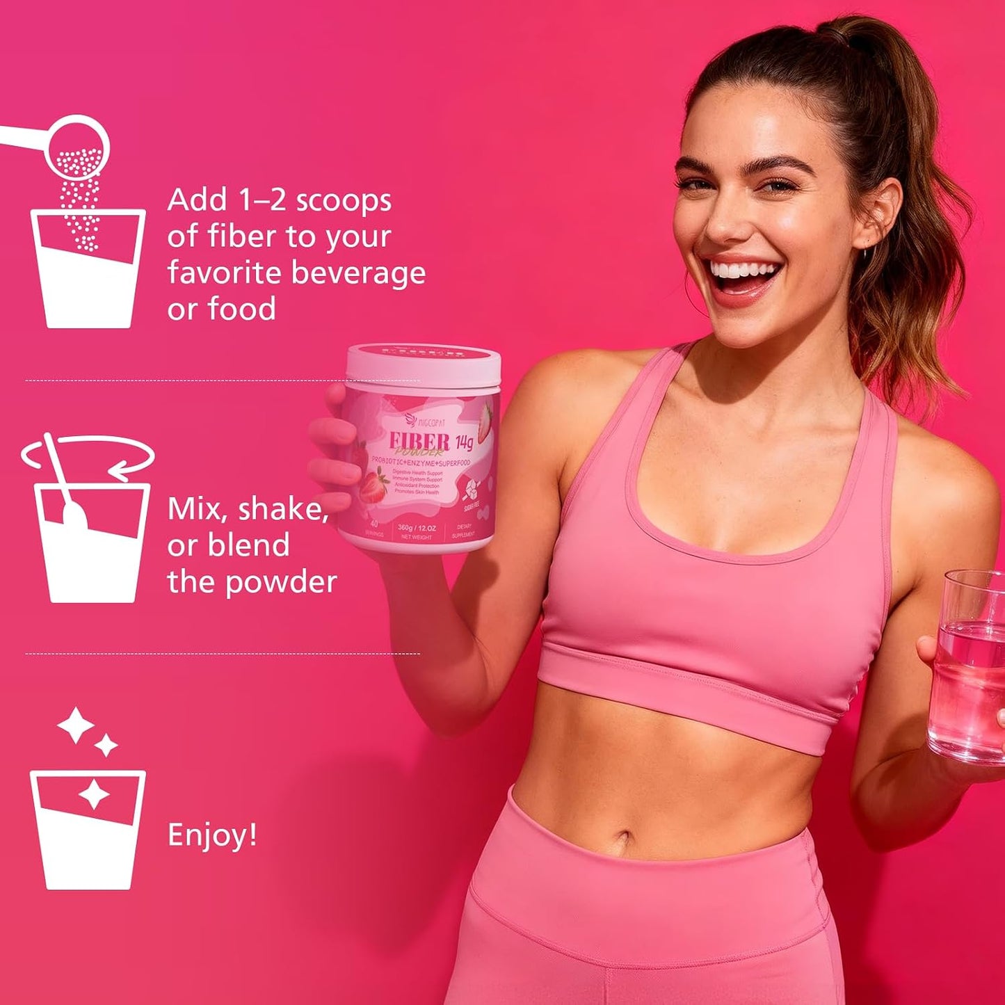 Migcopat Superfood Fiber Powder with Probiotics, Prebiotics, Digestive Enzymes, Vitamin C, Inulin, Magnesium, 14G Fiber Supplement for Digestive Support & Skin Health, Strawberry, 40 Serv.