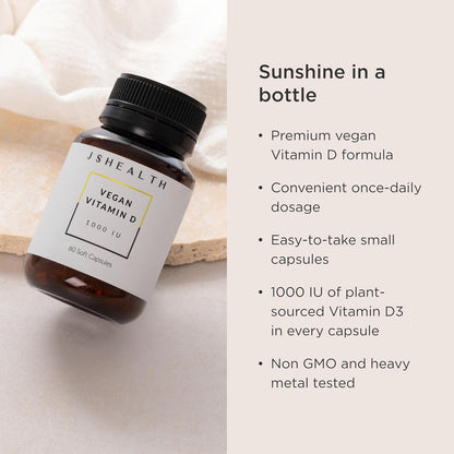JSHealth Vitamin D3 1000IU Supplement. Vegan D3 Vitamins Support Bone Health, Muscle Strength, Heart Health, Immune Support. Vegan. By Nutritionist Jessica Sepel (60 Tablets) | Bone and Heart Health, and Immune Support, 1,000 IU Vitamin D3 per Capsule