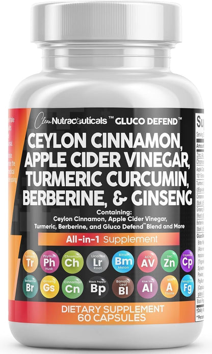 Clean Nutraceuticals Ceylon Cinnamon Capsules + Berberine Turmeric Apple Cider Vinegar Ginseng Bitter Melon (Karela) Gymnema Milk Thistle Fenugreek Supplement Pills Powder for Men & Women