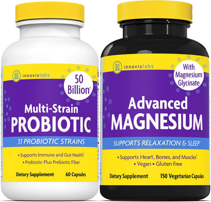 InnovixLabs Probiotic & Magnesium Bundle Multi-Strain Probiotic (60 Time-Release Capsules) Advanced Magnesium (150 Time-Release Capsules). Helps Support Immune and Gut Health. *
