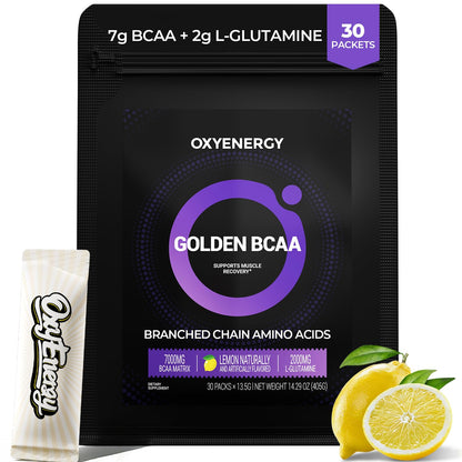 OxyEnergy BCAA 2:1:1 Powder, 7g BCAAs and 2g L-Glutamine, Taurine for Muscle Recovery, Increased Endurance, Perfect Amino Aicds for Pre & Post Workout Recovery, Sugar Free, Lemon, 30 Stick Pack